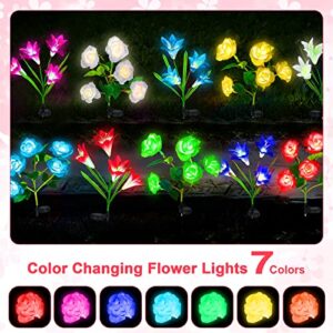 8 Pcs Solar Flowers Lights 7 Color Changing Solar Lights Outdoor Garden Waterproof Solar Flowers Lights Outside Decorative Decor 4 Lily Flowers and 4 Rose Flower for Yard Patio Party