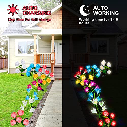 8 Pcs Solar Flowers Lights 7 Color Changing Solar Lights Outdoor Garden Waterproof Solar Flowers Lights Outside Decorative Decor 4 Lily Flowers and 4 Rose Flower for Yard Patio Party