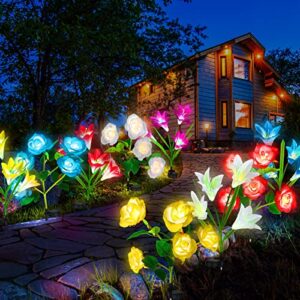 8 Pcs Solar Flowers Lights 7 Color Changing Solar Lights Outdoor Garden Waterproof Solar Flowers Lights Outside Decorative Decor 4 Lily Flowers and 4 Rose Flower for Yard Patio Party