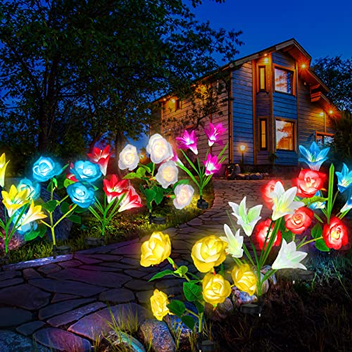 8 Pcs Solar Flowers Lights 7 Color Changing Solar Lights Outdoor Garden Waterproof Solar Flowers Lights Outside Decorative Decor 4 Lily Flowers and 4 Rose Flower for Yard Patio Party