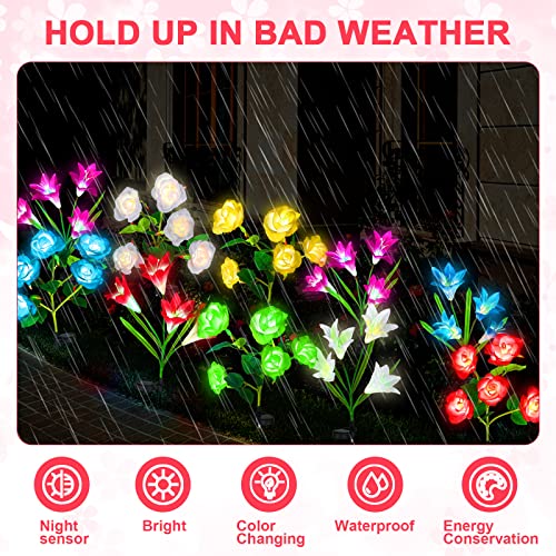 8 Pcs Solar Flowers Lights 7 Color Changing Solar Lights Outdoor Garden Waterproof Solar Flowers Lights Outside Decorative Decor 4 Lily Flowers and 4 Rose Flower for Yard Patio Party