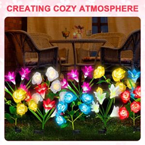 8 Pcs Solar Flowers Lights 7 Color Changing Solar Lights Outdoor Garden Waterproof Solar Flowers Lights Outside Decorative Decor 4 Lily Flowers and 4 Rose Flower for Yard Patio Party