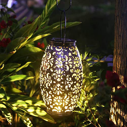 Kaixoxin Solar Lantern Lights for Hanging or Table Outdoor Solar Light for Patio Courtyard Garden (Silver-1) (Set of 2)