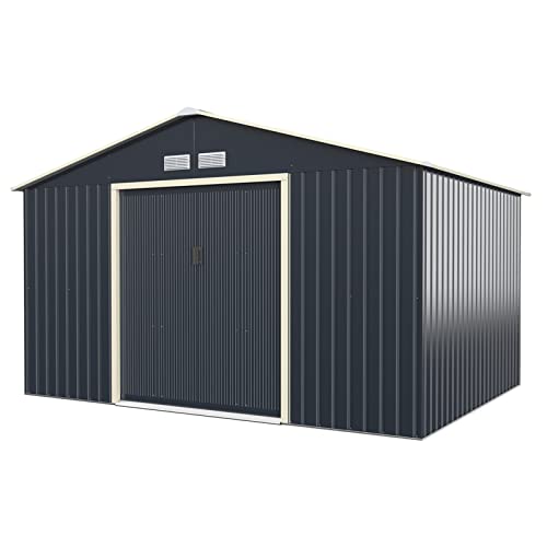 Giantex Outdoor Storage Shed with Double Sliding Door, Galvanized Metal Garden Storage Room, Front and Back Vent, Weather Resistant Tool Storage Shed for Backyard, Patio, Lawn (11 x 8 FT)