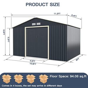 Giantex Outdoor Storage Shed with Double Sliding Door, Galvanized Metal Garden Storage Room, Front and Back Vent, Weather Resistant Tool Storage Shed for Backyard, Patio, Lawn (11 x 8 FT)