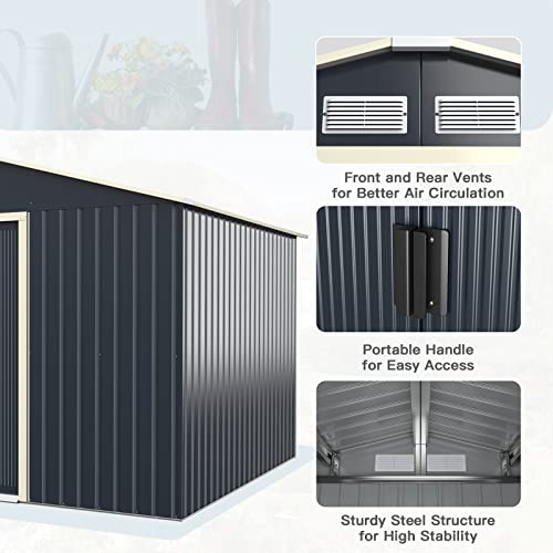 Giantex Outdoor Storage Shed with Double Sliding Door, Galvanized Metal Garden Storage Room, Front and Back Vent, Weather Resistant Tool Storage Shed for Backyard, Patio, Lawn (11 x 8 FT)