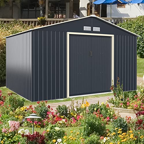 Giantex Outdoor Storage Shed with Double Sliding Door, Galvanized Metal Garden Storage Room, Front and Back Vent, Weather Resistant Tool Storage Shed for Backyard, Patio, Lawn (11 x 8 FT)