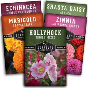 survival garden seeds beautiful flower collection – hollyhock, shasta daisy, purple coneflower (echinacea), crackerjack marigold, california giant zinnia – non-gmo heirloom seeds