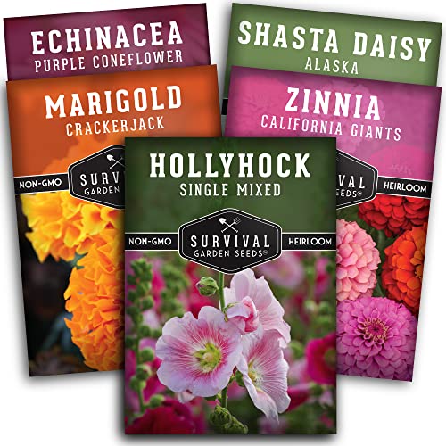 Survival Garden Seeds Beautiful Flower Collection - Hollyhock, Shasta Daisy, Purple Coneflower (Echinacea), Crackerjack Marigold, California Giant Zinnia - Non-GMO Heirloom Seeds