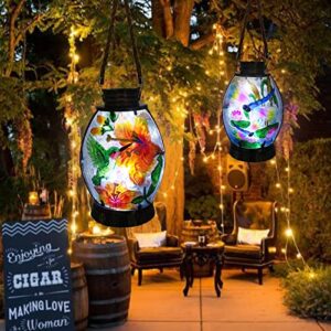 subolo hanging solar lantern outdoor garden metal glass dragonfly & hummingbird pattern led light solar powered waterproof landscape table lamp for patio, yard and pathway – 1 pc