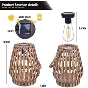 Outdoor Solar Lanterns Hanging - Bamboo Table Light Decorative Landscape Lamp Rattan Natural Lantern Rustic Woven Lantern with Edison Bulb for Indoor Tabletop Patio Garden Pathway Yard Wedding
