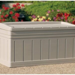 Suncast DB9750 129 Gallon Large Waterproof Outdoor Storage Container for Patio Furniture, Pools Toys, Yard Tools Extended Deck Box, H27 1/2, w/Lid and Seat, Taupe