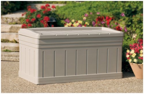 Suncast DB9750 129 Gallon Large Waterproof Outdoor Storage Container for Patio Furniture, Pools Toys, Yard Tools Extended Deck Box, H27 1/2, w/Lid and Seat, Taupe