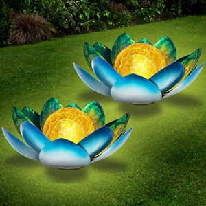 montex 2 pack solar lights outdoor garden decor led crackle globe glass metal lotus waterproof metal flower lights for patio,lawn, blue