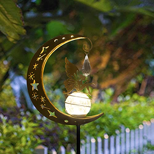 XGVO-IU Solar Outdoor Lights Garden Retro Metal Moon Fairies Crackle Glass Globe Stake Lights,Waterproof LED Lights for Garden,Lawn,Patio or Courtyard (Warm White)