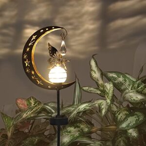 XGVO-IU Solar Outdoor Lights Garden Retro Metal Moon Fairies Crackle Glass Globe Stake Lights,Waterproof LED Lights for Garden,Lawn,Patio or Courtyard (Warm White)