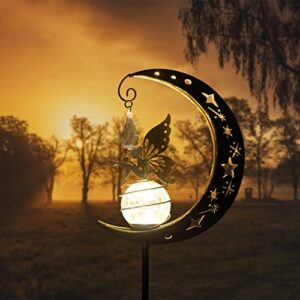 XGVO-IU Solar Outdoor Lights Garden Retro Metal Moon Fairies Crackle Glass Globe Stake Lights,Waterproof LED Lights for Garden,Lawn,Patio or Courtyard (Warm White)