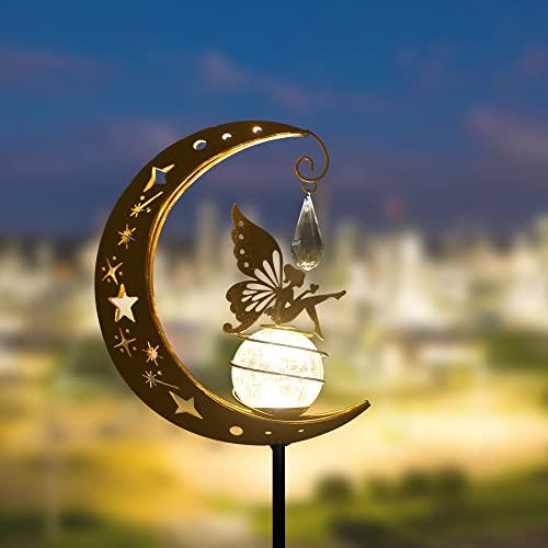 XGVO-IU Solar Outdoor Lights Garden Retro Metal Moon Fairies Crackle Glass Globe Stake Lights,Waterproof LED Lights for Garden,Lawn,Patio or Courtyard (Warm White)