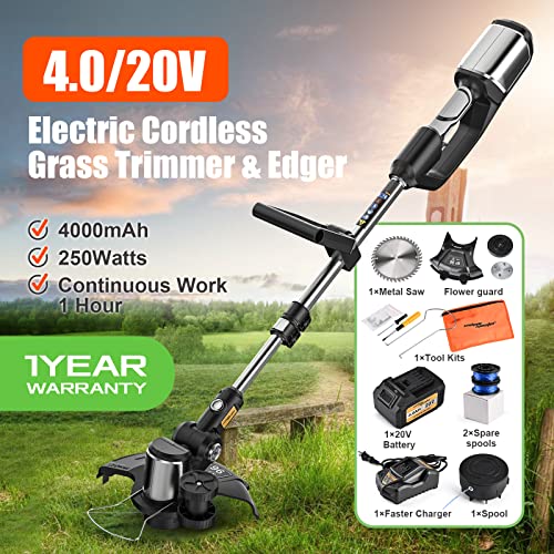 SALEM MASTER 20V String Trimmer 12 Inch Edger Cordless Stringless Trimmer 4.0Ah Battery and Charger Included Electric Weed Trimmer for Lawn Patio Garden