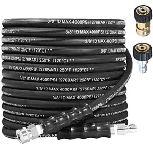 toolcy 3/8″ pressure washer hose 4000 psi x 50 ft, stainless 3/8″ swivel qc kink resistant, 250℉ hot water compatible steel wire braided & rubber jacket, easy loading 3/8″ npt x m22-14mm adapter kits