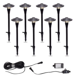greenlighting low voltage outdoor lights – modern skyline path stake lights – walkway lights, garden and lawn lights – includes transformer, control box and landscape wire (8 pack)