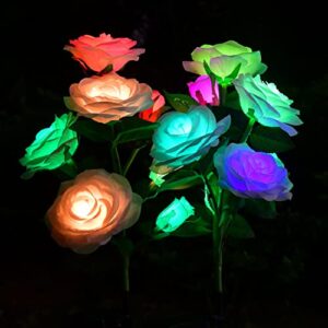 outdoor solar rose lights, upgraded color changing solar powered garden stake lights, waterproof solar decorative lights with 7 rose flowers for yard garden pathway courtyard lawn (2 pack)