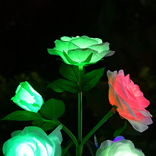 Outdoor Solar Rose Lights, Upgraded Color Changing Solar Powered Garden Stake Lights, Waterproof Solar Decorative Lights with 7 Rose Flowers for Yard Garden Pathway Courtyard Lawn (2 Pack)