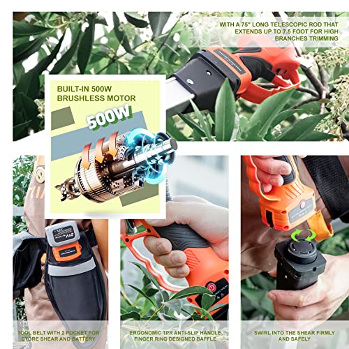 Cordless Pruning Shears, Electric Pruner with 7.5 Foot High Reach Extension Pole, 21V Lithium Battery, Titanium Plated SK5 Blades, 1.2 Inch Cutting Diameter, LCD Display Screen