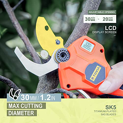 Cordless Pruning Shears, Electric Pruner with 7.5 Foot High Reach Extension Pole, 21V Lithium Battery, Titanium Plated SK5 Blades, 1.2 Inch Cutting Diameter, LCD Display Screen