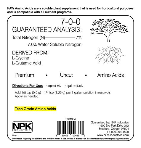 RAW - Amino Acids Plant Supplement is a chelator to Increase Uptake of Calcium ions Build Strong Cell Walls for Horticultural Purposes Indoor Outdoor use 8oz