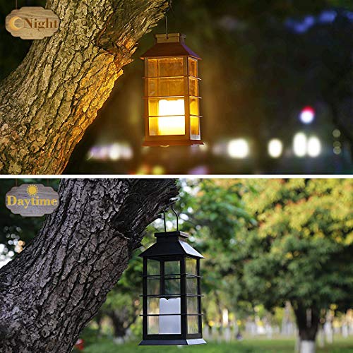 newvivid 2 Pack Outdoor Garden Hanging Lanterns with Waterproof LED Flickering Flameless Candle Solar Powered Lights Yard Decor Outdoor Decorative for Pathway Courtyard Party Patio (Black)