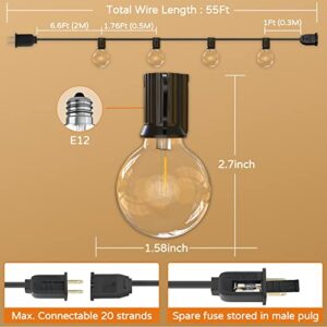 Outdoor String Lights,50FT+5FT Shatterproof LED Patio Lights with 30 Dimmable Plastic G40 Bulbs,2200K Waterproof Hanging Lights String,Connectable Outside Lights for Backyard,Cafe,Porch,Deck,E12 Base