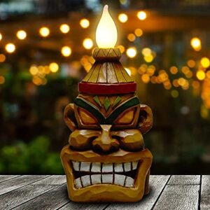 yiosax tiki touch outdoor decor-solar tiki torches figurine with flickering flame |easter garden statues for patio, bar, yard, backyard decorations(8.74inch tall)