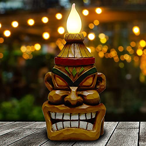 Yiosax Tiki Touch Outdoor Decor-Solar Tiki Torches Figurine with Flickering Flame |Easter Garden Statues for Patio, Bar, Yard, Backyard Decorations(8.74inch Tall)