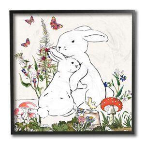 stupell industries rabbit hugs in spring meadow butterfly garden, design by sangita bachelet black framed wall art, 12 x 12, off- white