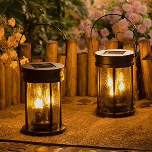 solar garden lanterns outdoor hanging flickering candle lights with raindrop decorative mission lights for patio decor, yard, table, pathway 2 pack