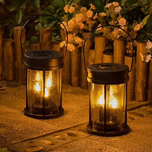 Solar Garden Lanterns Outdoor Hanging Flickering Candle Lights with Raindrop Decorative Mission Lights for Patio Decor, Yard, Table, Pathway 2 Pack