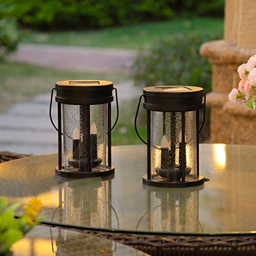 Solar Garden Lanterns Outdoor Hanging Flickering Candle Lights with Raindrop Decorative Mission Lights for Patio Decor, Yard, Table, Pathway 2 Pack