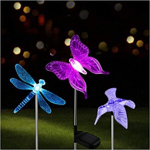 outdoor solar garden stake light 3 pack- color changing led stake lamp in-ground landscaping lights for garden patio yard lawn pathway flower bed decorations figurine butterfly dragonfly hummingbird