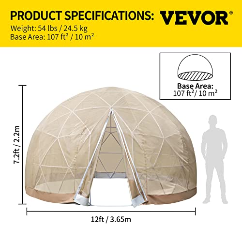 VEVOR 12FT Garden Dome Bubble Tent, Upgraded Geodesic Dome Greenhouse with Transparent TPU Cover and Polyester Gauze, Waterproof Garden Dome House Suitable for Patio and Dining Places