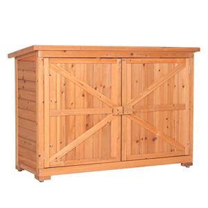 outdoor storage cabinet with double doors, fir wood garden shed, outside tool shed, vertical storage organizer cabinet with double lockable doors for outside, garden and yard,natural