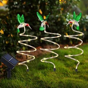 Solar Hummingbird Garden Stake Lights Set of 3, Solar Powered 45 LED Spiral Tree Hummingbird Figurines Decorative Landscape Lighting with 8 Lighting Modes for Path, Yard, Lawn, Halloween, Christmas