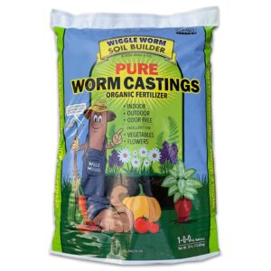 wiggle worm 100% pure organic worm castings – organic fertilizer for houseplants, vegetables, and more – omri-listed earthworm castings to help improve soil fertility and aeration, 30-pounds