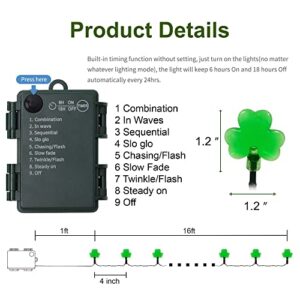 WATERGLIDE 1 Pack St. Patricks Day Shamrocks Lights, 50 LED Outdoor Decorative String Lights, Battery Operated Lucky Clover Light, 8 Lighting Modes & Timer, Waterproof for Party Garden Home Decor