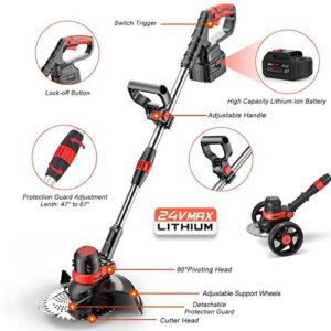 Electric Weed Wacker, 24V Cordless Weed Eater Battery Powered, Lightweight String Trimmer & Edger Lawn Tool, Battery Weed Eater with Shoulder Strap & 3 Types Blades for Yard ​and Garden