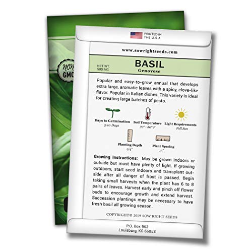 Sow Right Seeds - Basil Seed Collection to Plant - Genovese Sweet Basil, Thai Basil, Opal Basil, Non-GMO Heirloom Seeds - Instructions for Planting Indoors or Outdoor; Great Gardening Gift