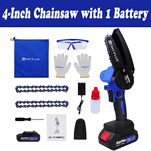 Electric Chainsaw Cordless with 2 Chains, Mini Chainsaw 4 Inch Cordless for Wood Cutting Tree Pruning, Handheld Small Power Chain Saws Garden Tool with Automatic Locking, Battery & Charger Included