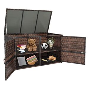 outvita outdoor storage box, 88gal waterprrof rattan patio deck storage container with double doors and flip cover for backyard, balcony, poolside, garden brown