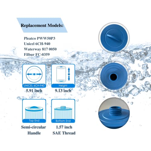 LeadCon 2 Pack PWW50 Filter Replacements for PWW50P3(1 1/2" SAE Coarse Thread), Compatible with Unicel 6CH-940, Filbur FC-0359, Waterway 817-0050 Front Access Skimmer Aber Hot Tubs Fliter