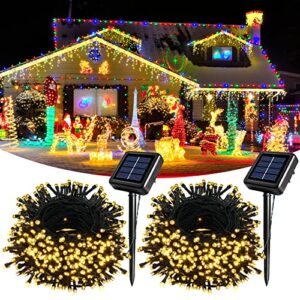 2 pack extra-long solar outdoor string lights waterproof each 75ft 210 led solar string lights,green wire with 10 lighting modes xmas tree lights for party garden yard patio fence